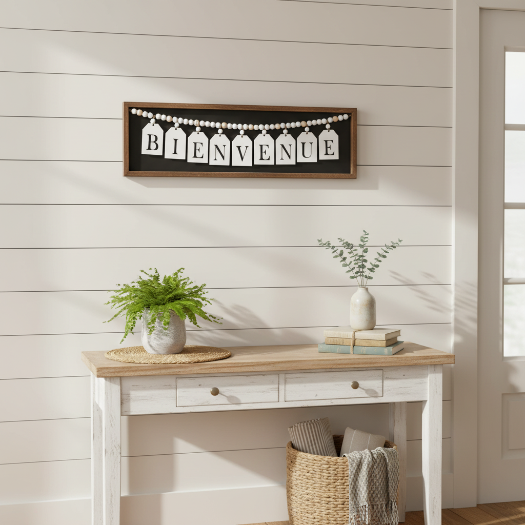 Framed Wood Hanging Beaded Bienvenue Sign, Rustic Wall Decor, Farmhouse Accent