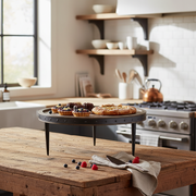 Gray Acacia Wood Cake Stand With Riveted Gunmetal Base Decorative Dessert Display