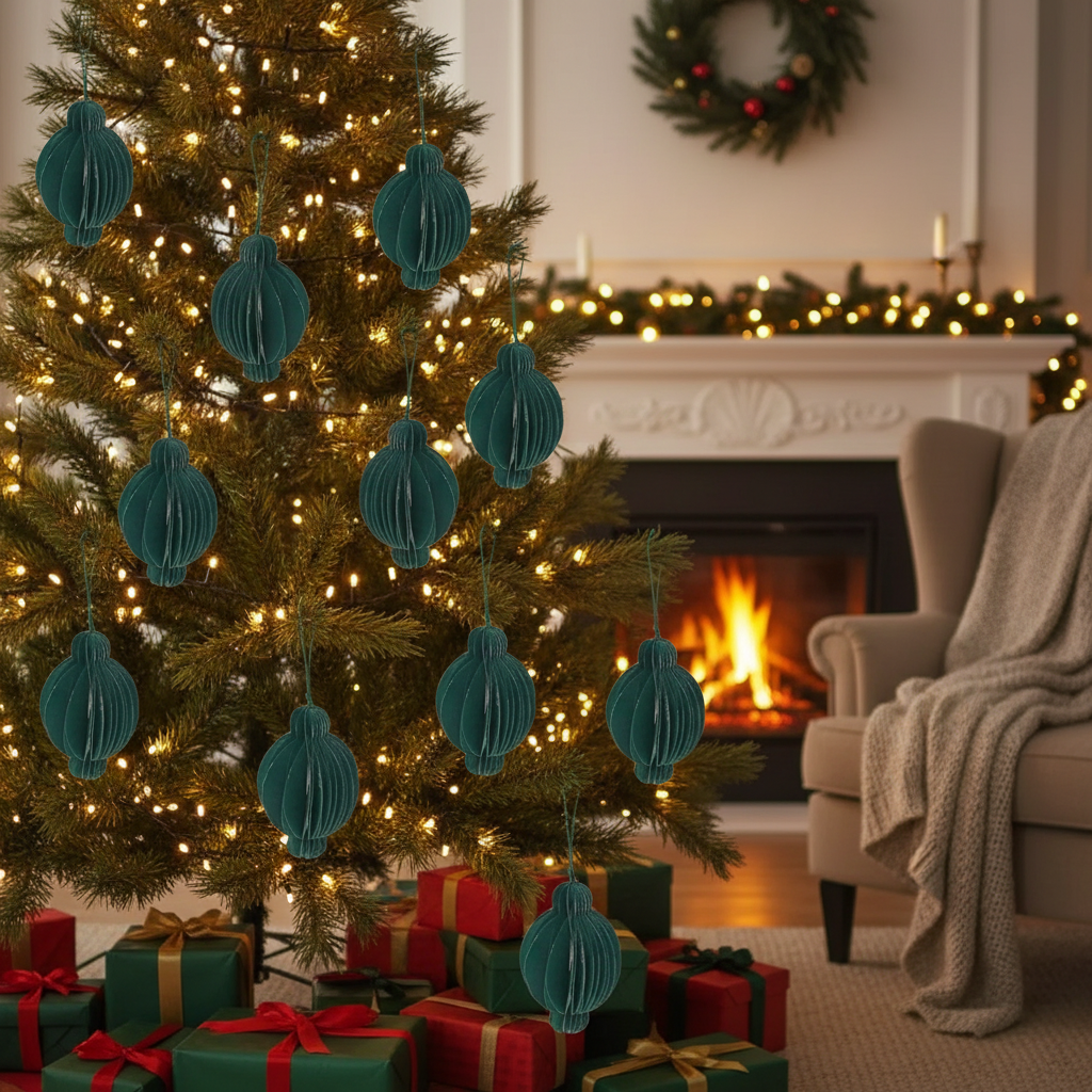 Green Folding Paper Lantern Ornament Set of 12 – Holiday Tree Decoration