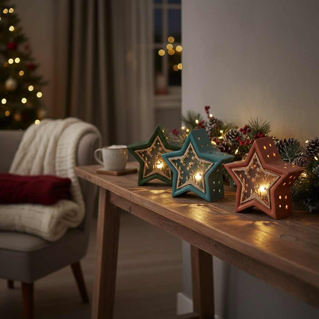 LED Star with Wooden Scenic Set of 3 – Christmas Holiday Decoration