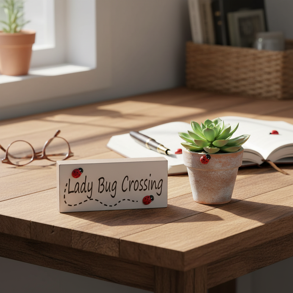 Ladybug Crossing Wood Block, Rustic Desk Decor, Garden Accent