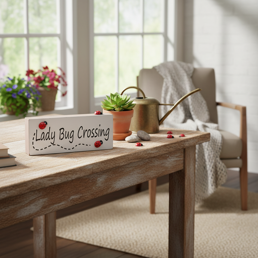 Ladybug Crossing Wood Block, Rustic Desk Decor, Garden Accent