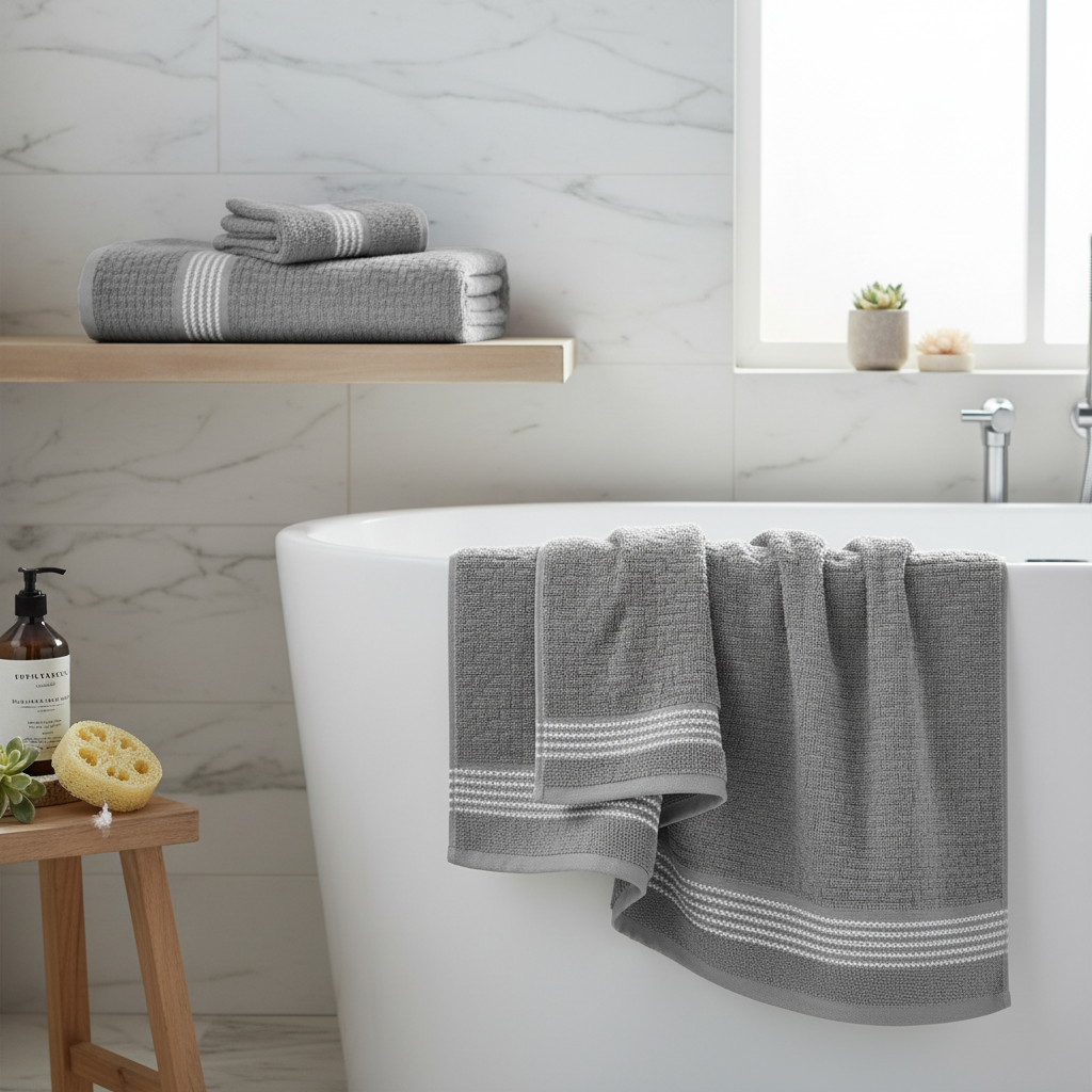 Luxury Stitch Cotton Bath Towel Light Gray 27x50 Inch – Plush, Quick Drying – Set of 2