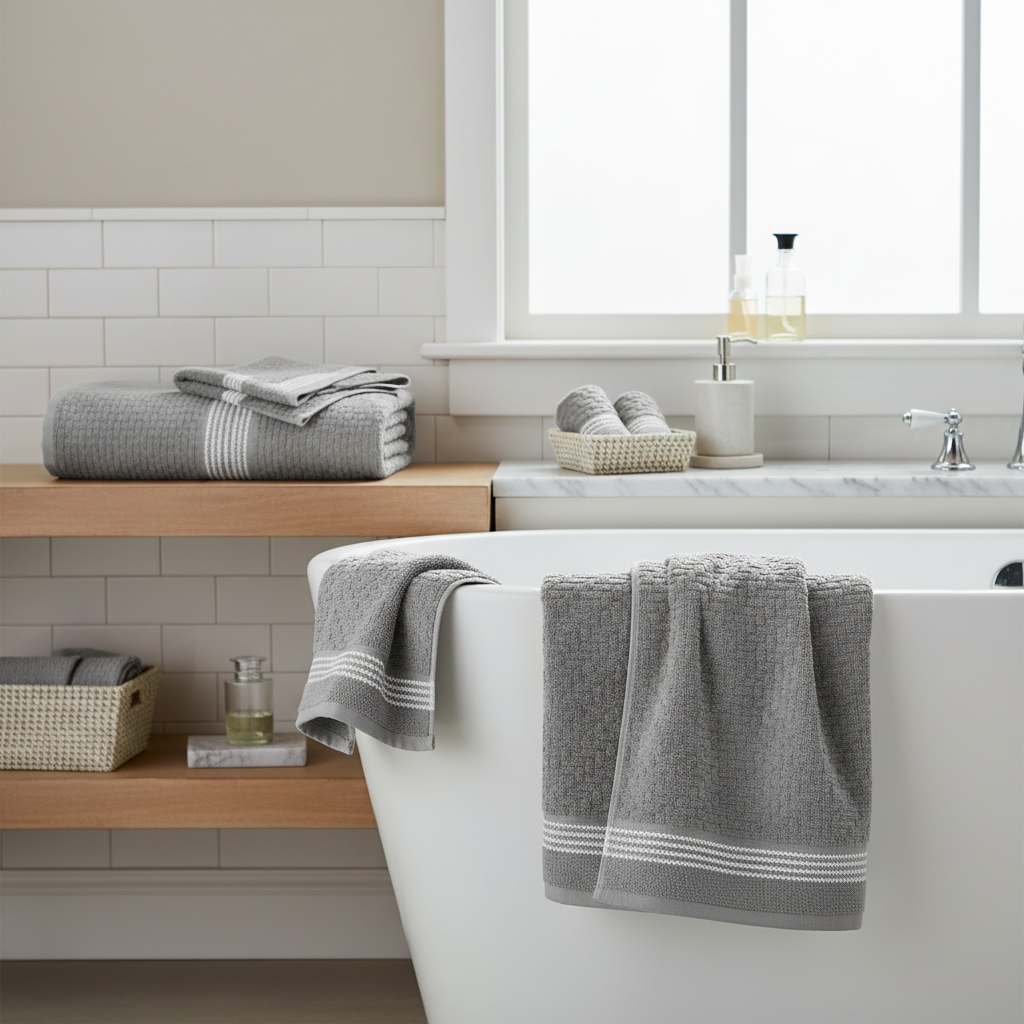 Luxury Stitch Cotton Bath Towel Light Gray 27x50 Inch – Plush, Quick Drying – Set of 2