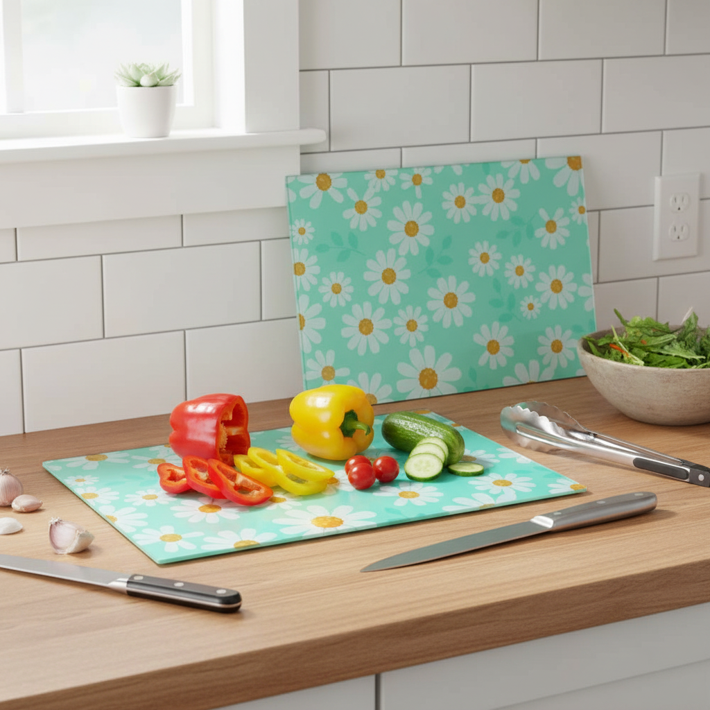Printed Glass Cutting Board Daisy Print - Set of 2 Floral Kitchen Cutting and Serving Board