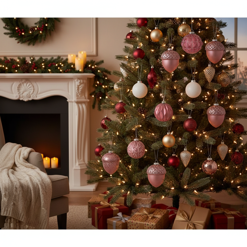 Rose Glass Acorn Christmas Ornament Set of 12 – Holiday Tree Decoration