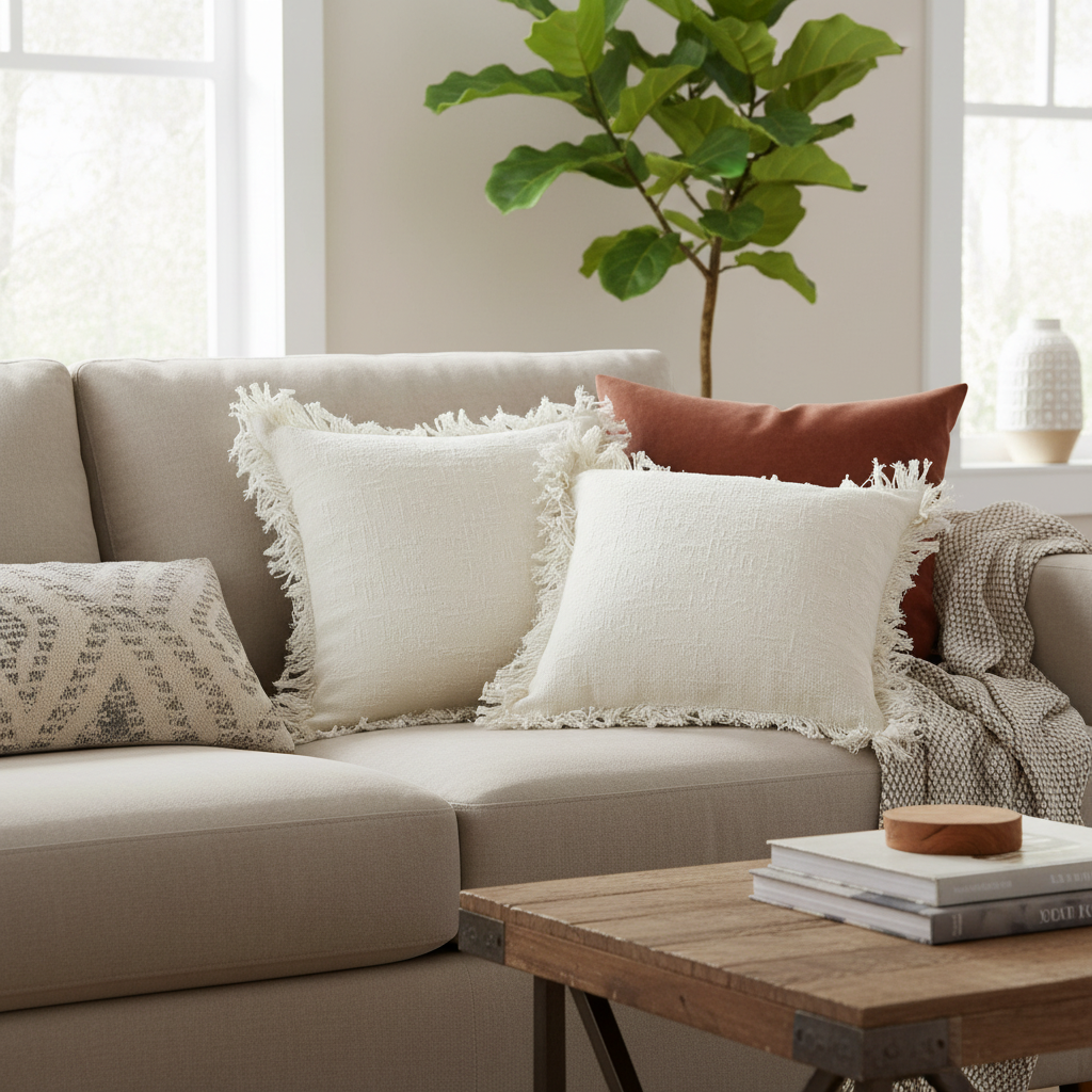Slub Cotton Ivory Cushion Chloe Set Of 2, 18 X 18 Inch, Decorative Throw Pillow