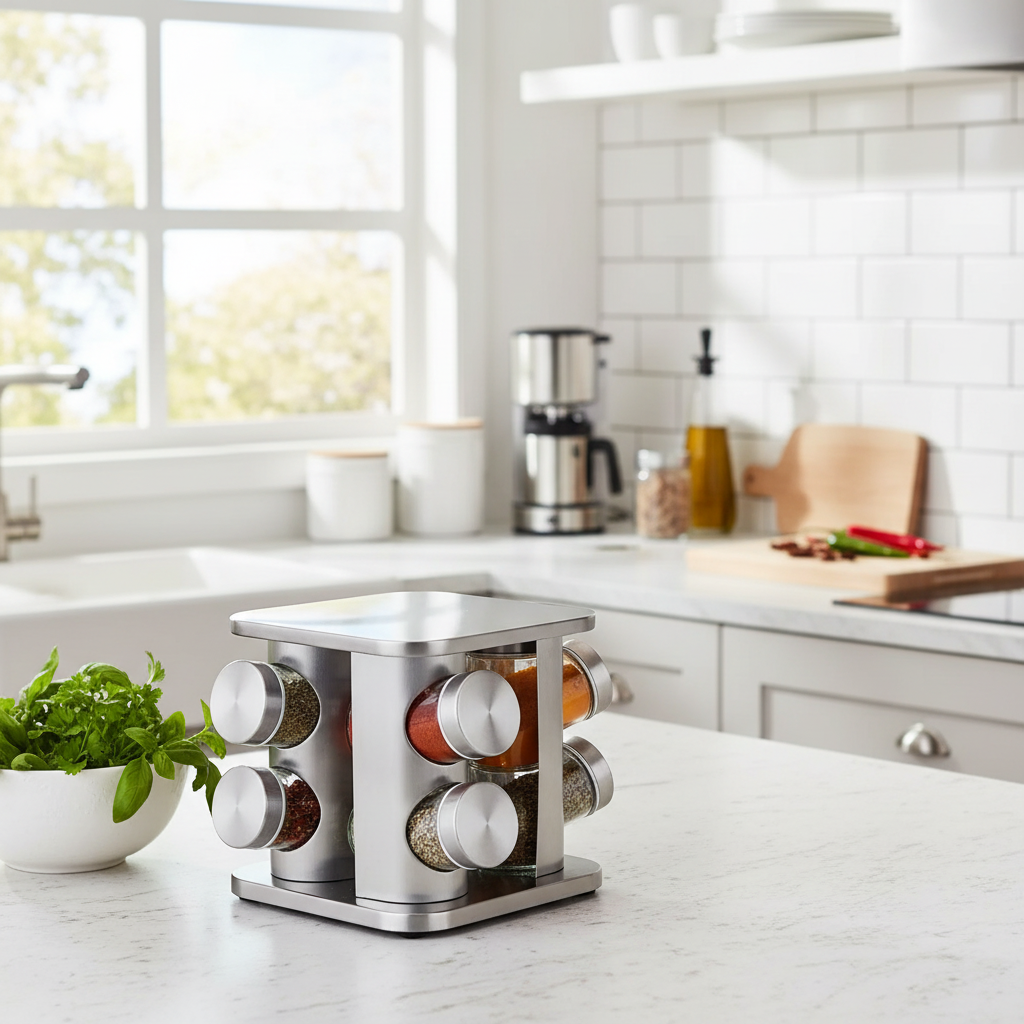 Stainless Steel Rotating Spice Rack With 8 Spice Jars Kitchen Countertop Spice Organizer
