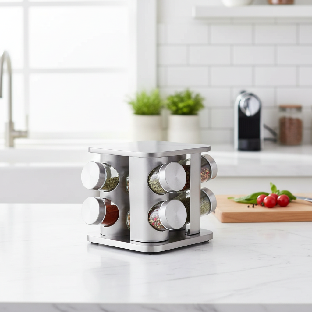 Stainless Steel Rotating Spice Rack With 8 Spice Jars Kitchen Countertop Spice Organizer