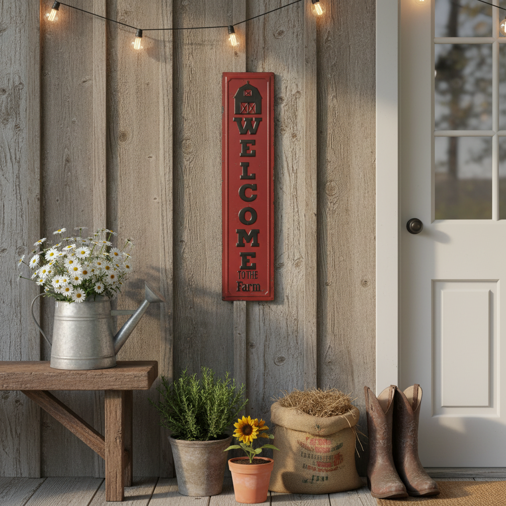 Vertical Embossed Metal Sign Welcome To The Farm, Farmhouse Wall Decor, Rustic Home Accent