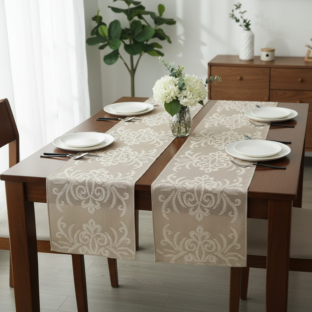 Vinyl Table Runner 54 Inch Damask Natural Set Of 2, Table Decor, Dining Accent