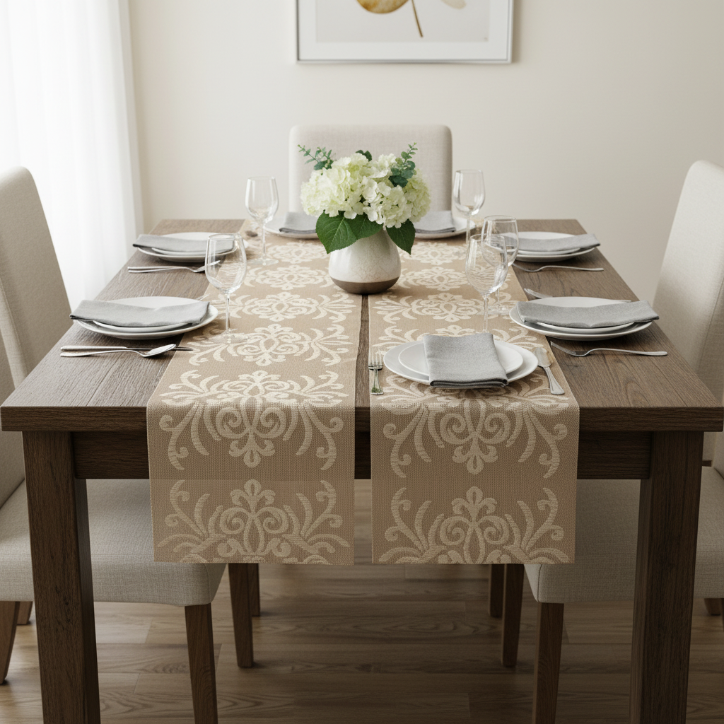 Vinyl Table Runner 54 Inch Damask Natural Set Of 2, Table Decor, Dining Accent