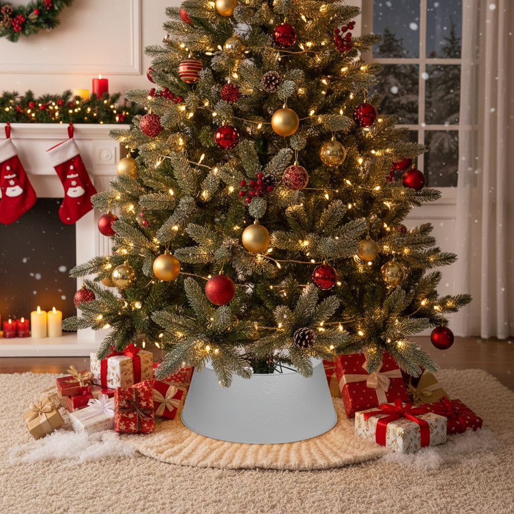White Metal Christmas Tree Collar with Snowflakes – Holiday Tree Base Decor