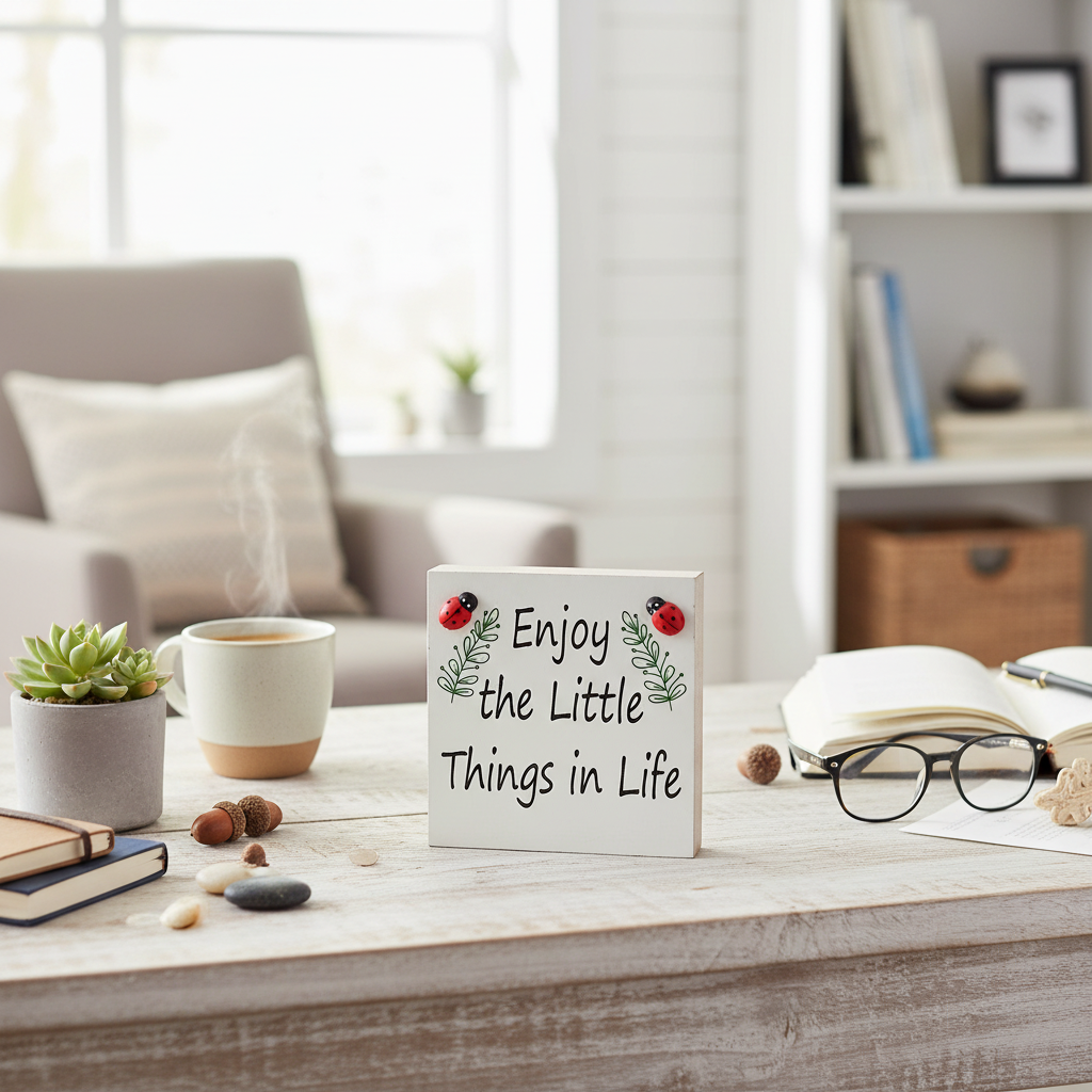 Wood Block Enjoy The Little Things In Life, Inspirational Desk Decor, Rustic Accent
