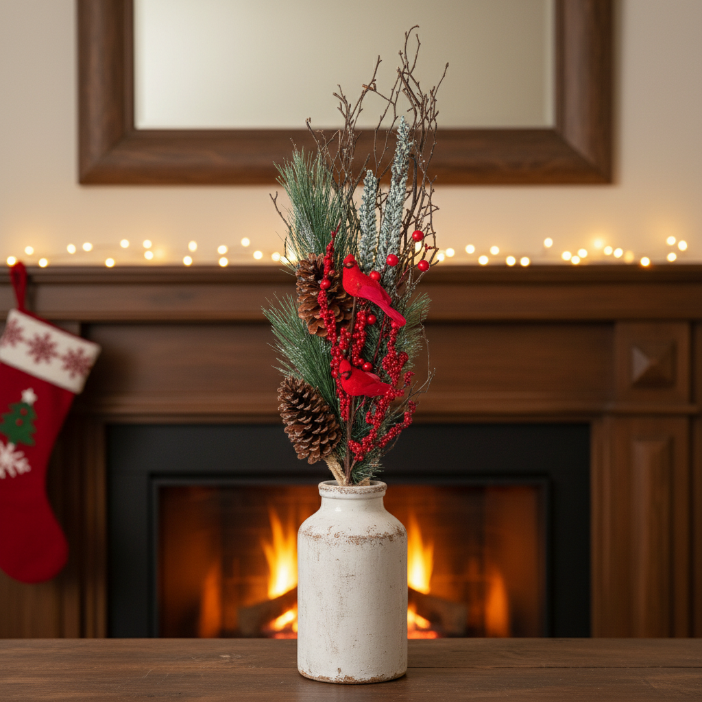 Dried Holiday Decorative Bundle With Pinecones and Cardinals Christmas Arrangement
