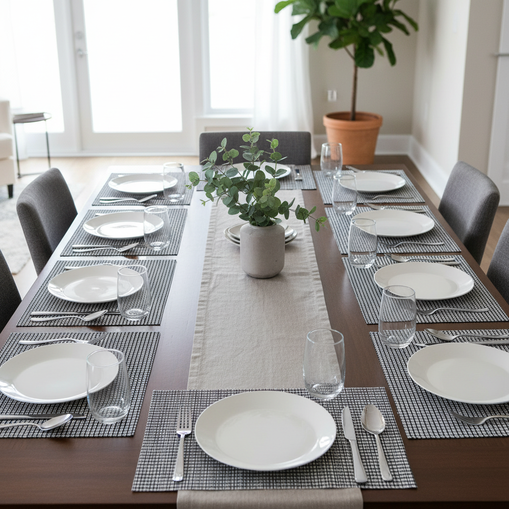 Vinyl Cotton Placemat Pinstripe Black Set Of 12, Modern Table Decor, Dining Table Accessories