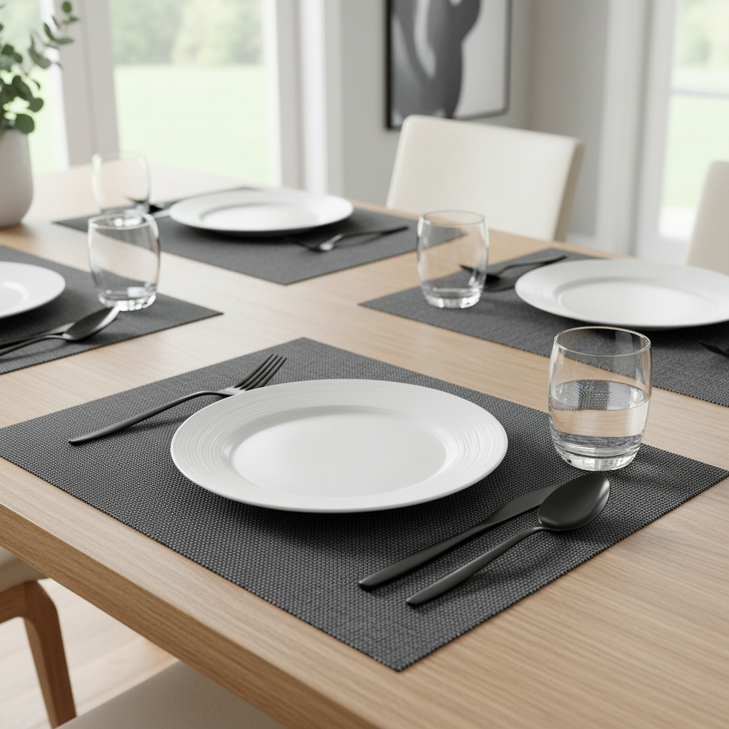 Grey Textstyle Woven PVC Placemat Set of 12 – Modern Table Decor, Durable Mats