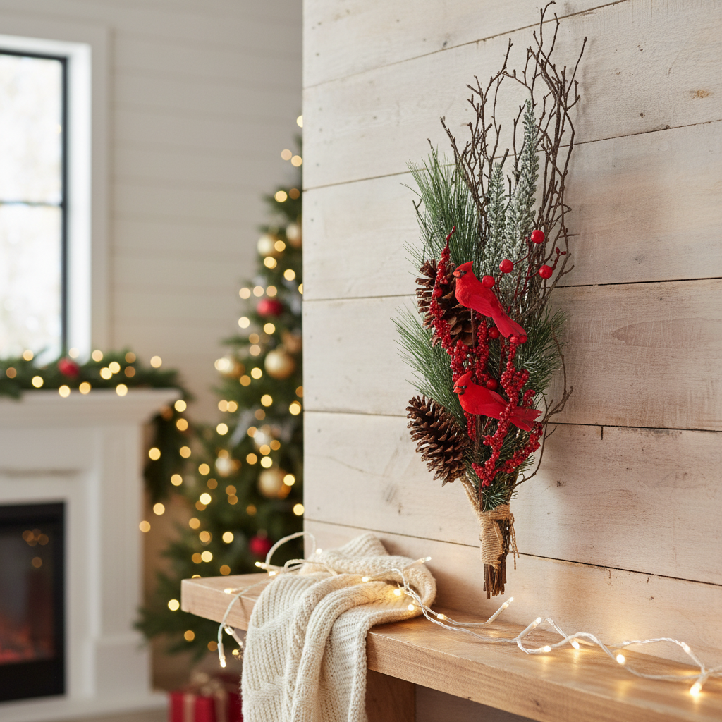 Dried Holiday Decorative Bundle With Pinecones and Cardinals Christmas Arrangement