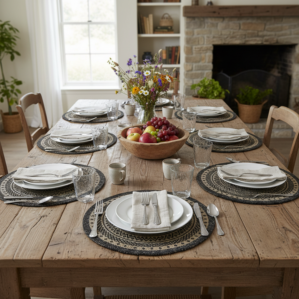 Round Jute Placemat Black Mandala Set Of 12, Rustic Dining Table Decor, Farmhouse Table Setting