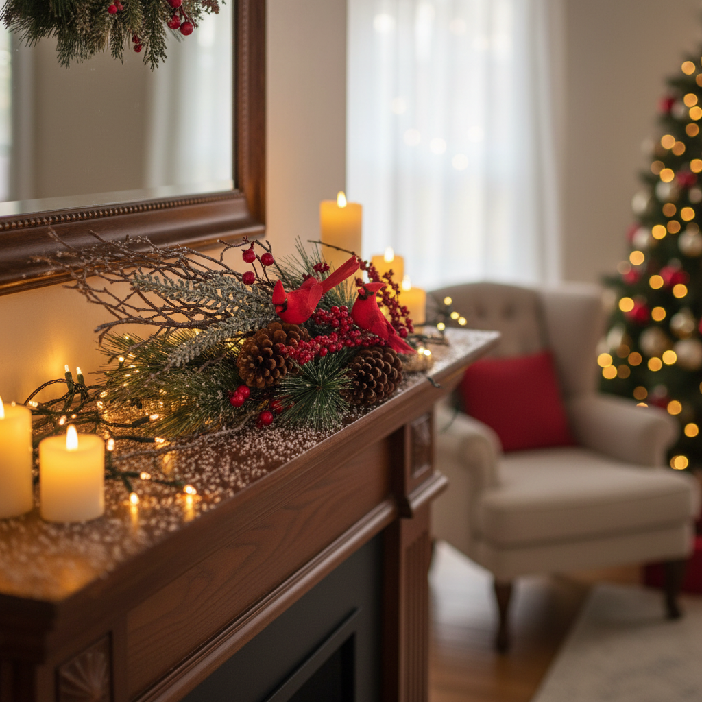 Dried Holiday Decorative Bundle With Pinecones and Cardinals Christmas Arrangement