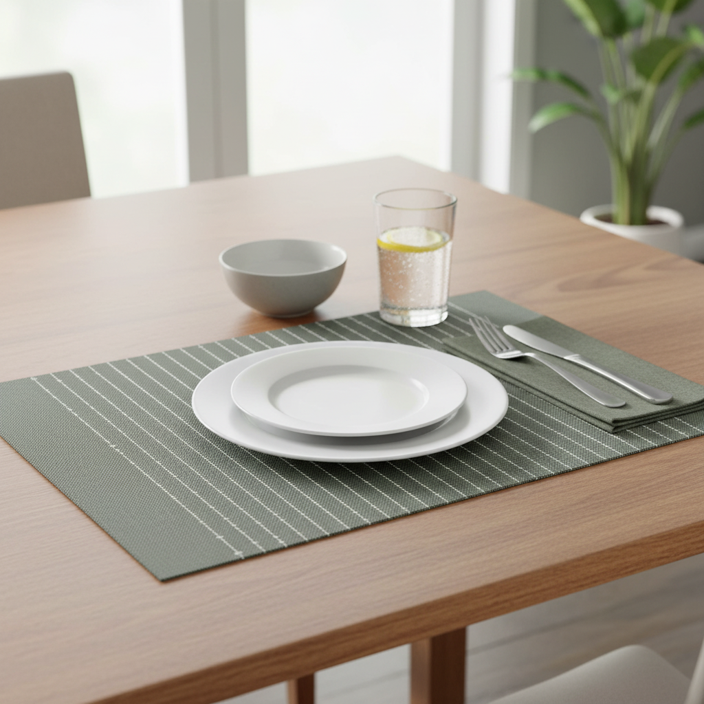 Vinyl Cotton Placemat Pinstripe Sage Green Set Of 12, Modern Table Decor, Dining Table Accessories