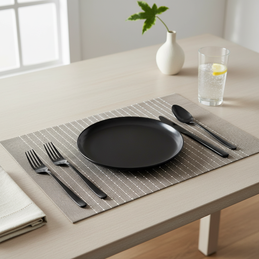 Vinyl Cotton Placemat Pinstripe Taupe Set Of 12, Modern Table Decor, Dining Table Accessories