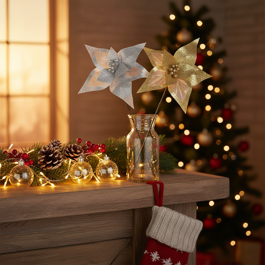 Transparent Border Glitter Poinsettia Pick Assorted Christmas Floral Picks - Set of 6