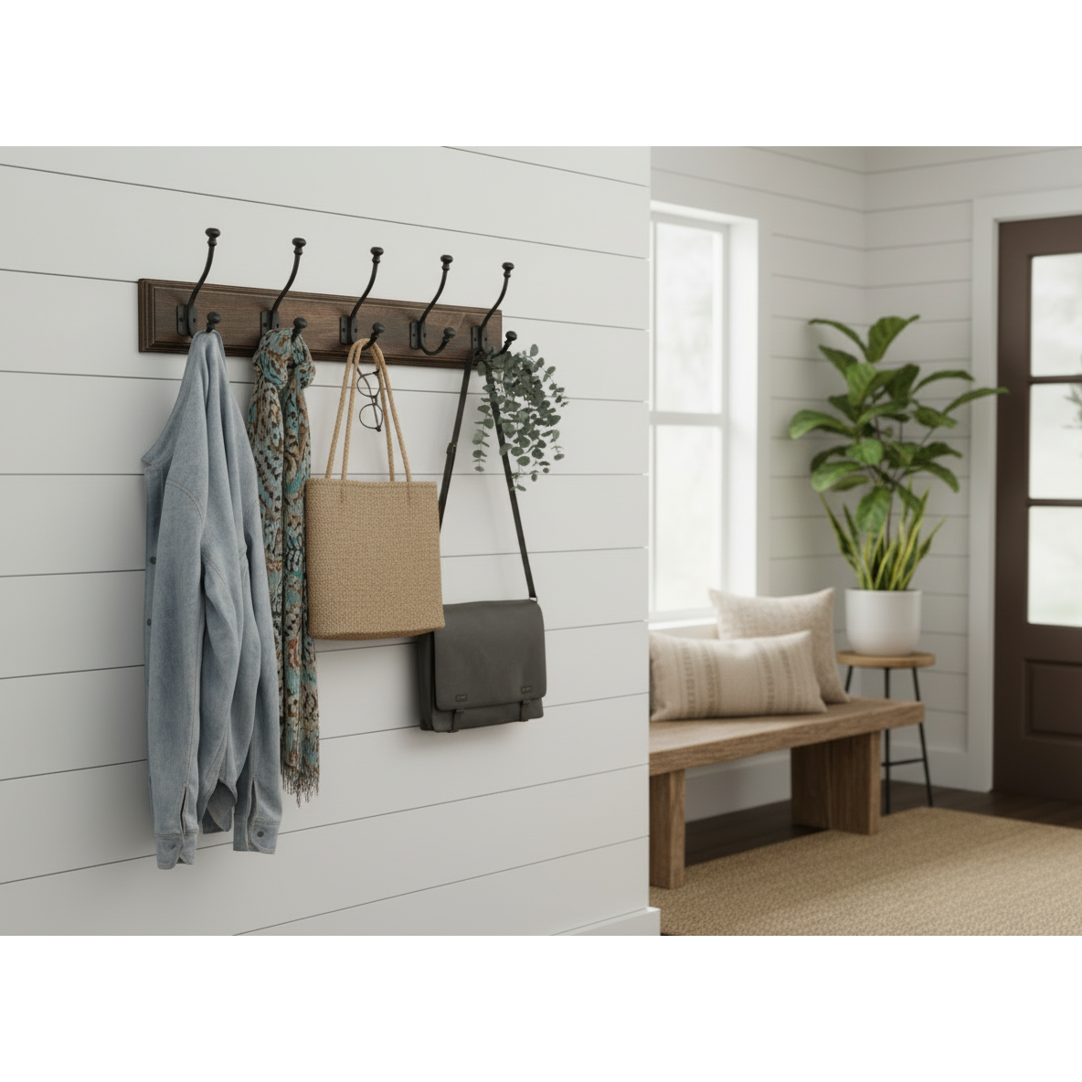 5 Gun Metal Iron Wall Hooks On Wooden Base Wall Storage Rack