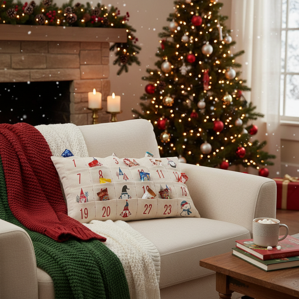 Advent Calendar Cushion With 24 Pockets Christmas Countdown Decorative Pillow