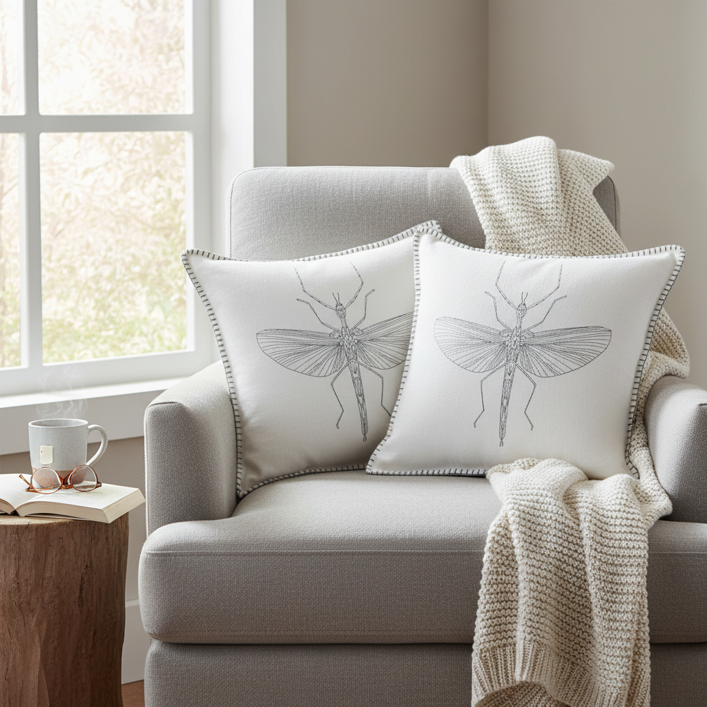 Blanket Stitch Embroidered Cushion Mantis Set Of 2, 18 X 18 Inch, Decorative Throw Pillow