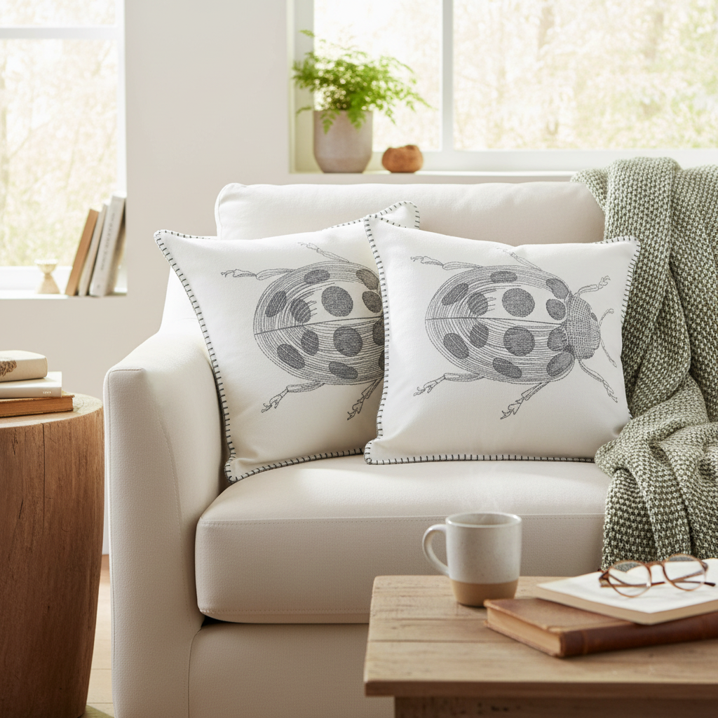 Blanket Stitch Embroidered Cushion Lady Bug Set Of 2, 18 X 18 Inch, Decorative Throw Pillow