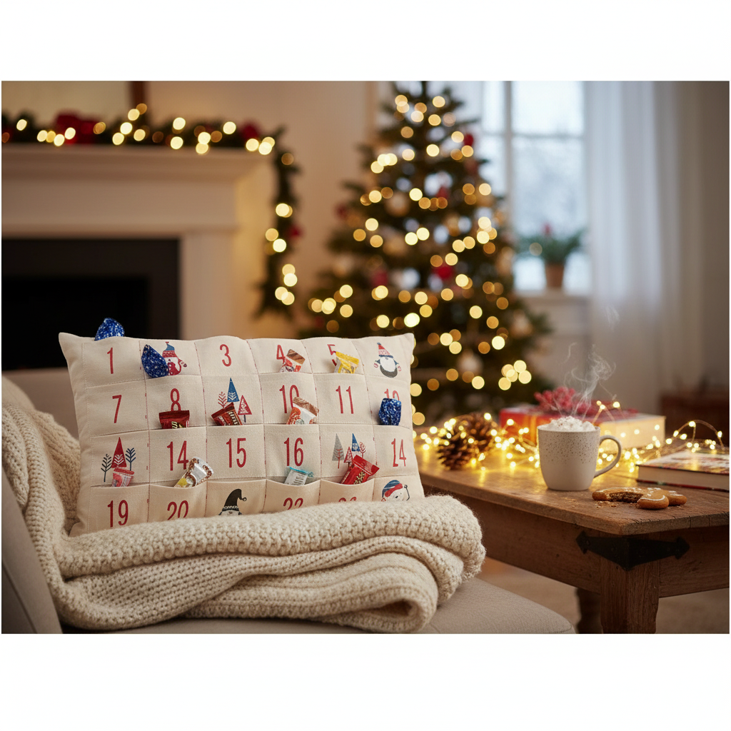 Advent Calendar Cushion With 24 Pockets Christmas Countdown Decorative Pillow