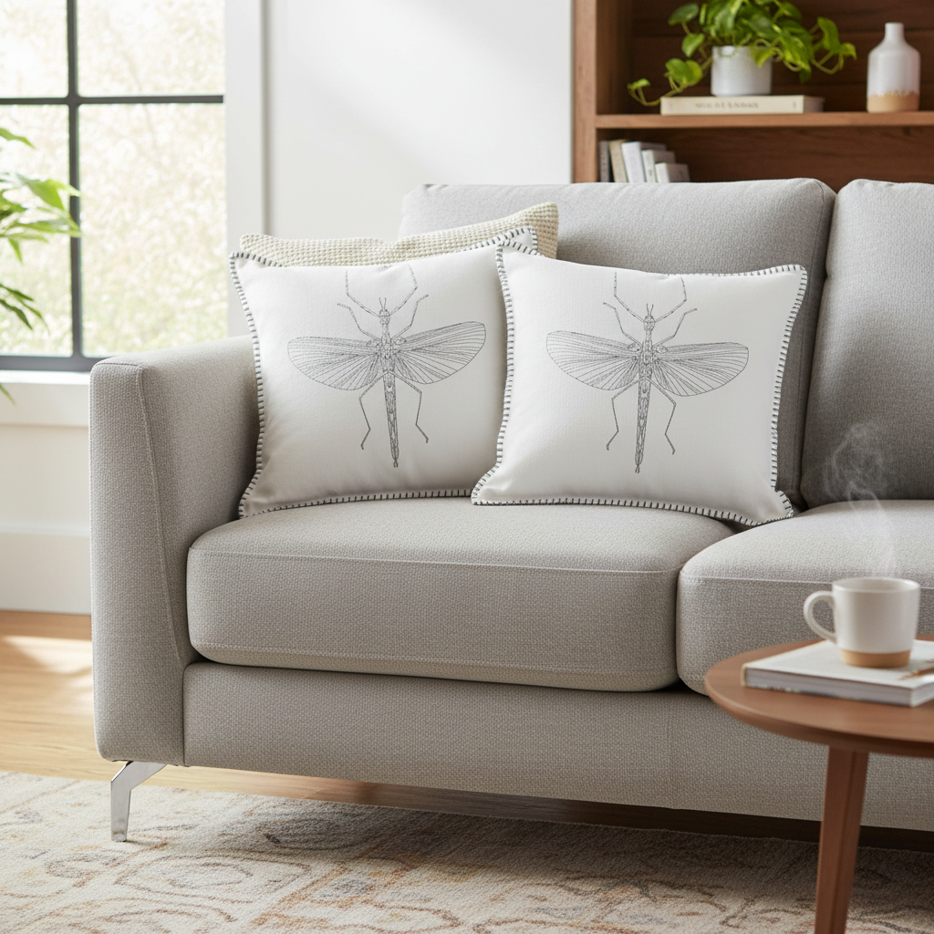 Blanket Stitch Embroidered Cushion Mantis Set Of 2, 18 X 18 Inch, Decorative Throw Pillow