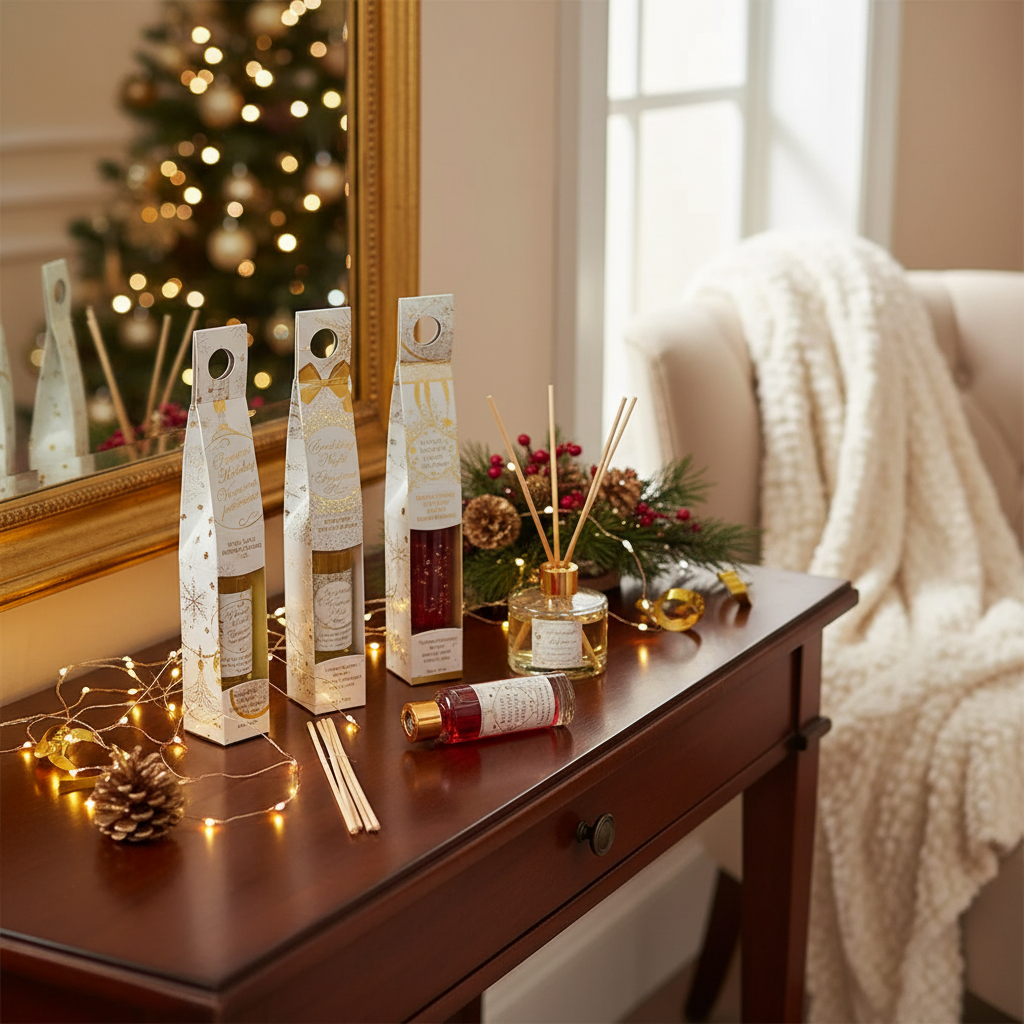 Christmas Gold Reed Diffuser 30 Ml Set Of 4, Holiday Fragrance, Festive Home Decor