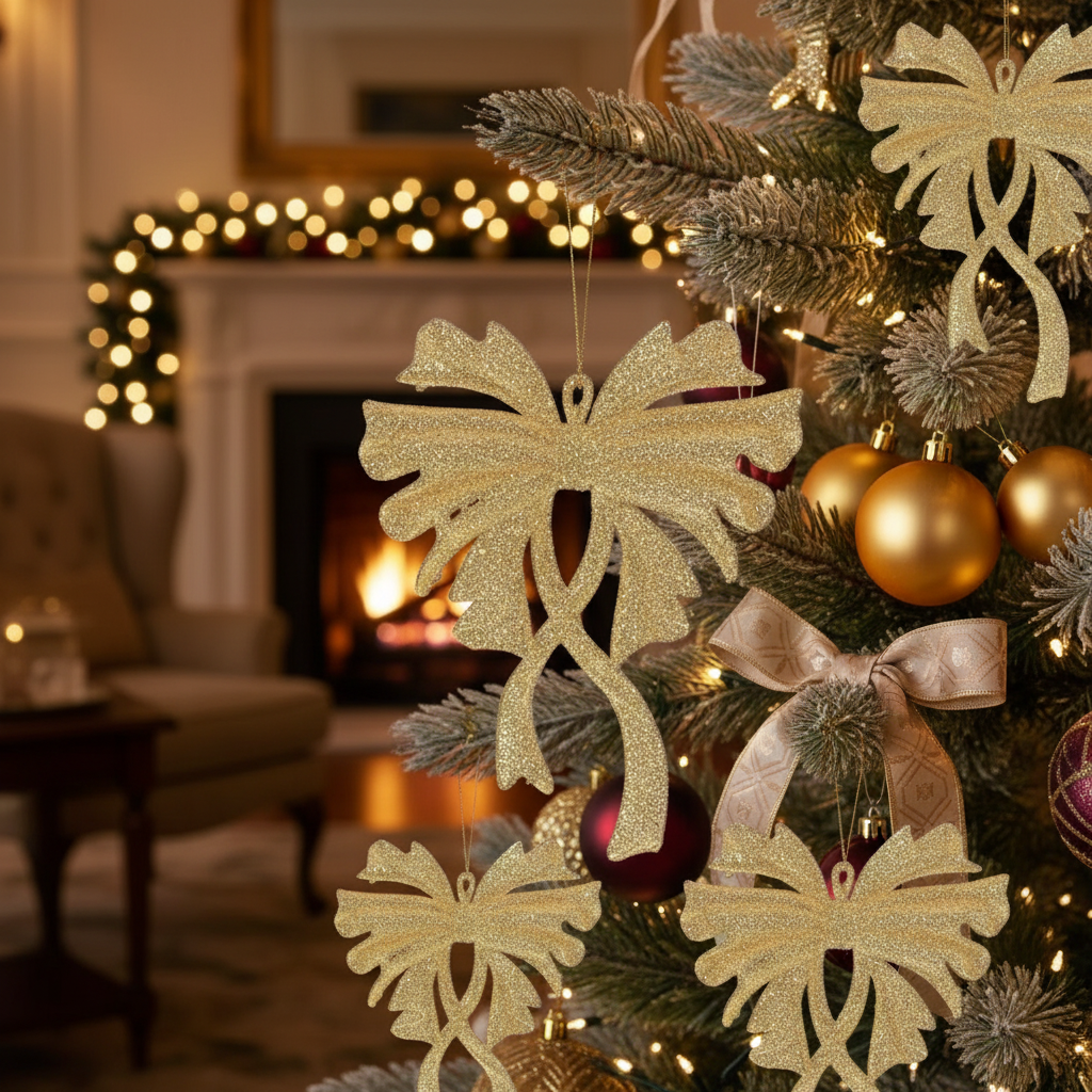 Christmas Gold Glitter Bow Ornament Set Of 12, Holiday Tree Decoration, Festive Accent