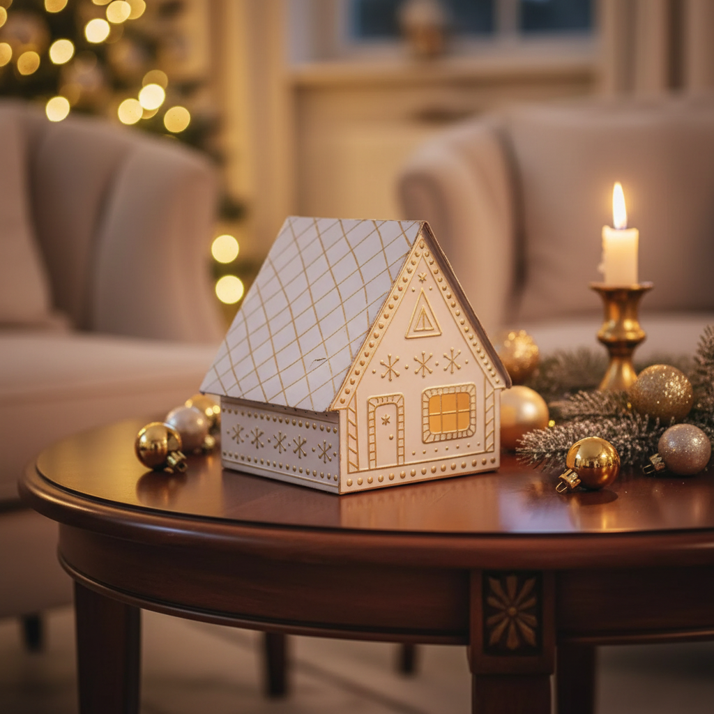 Gold & White Gingerbread Metal House – Christmas Holiday Decoration