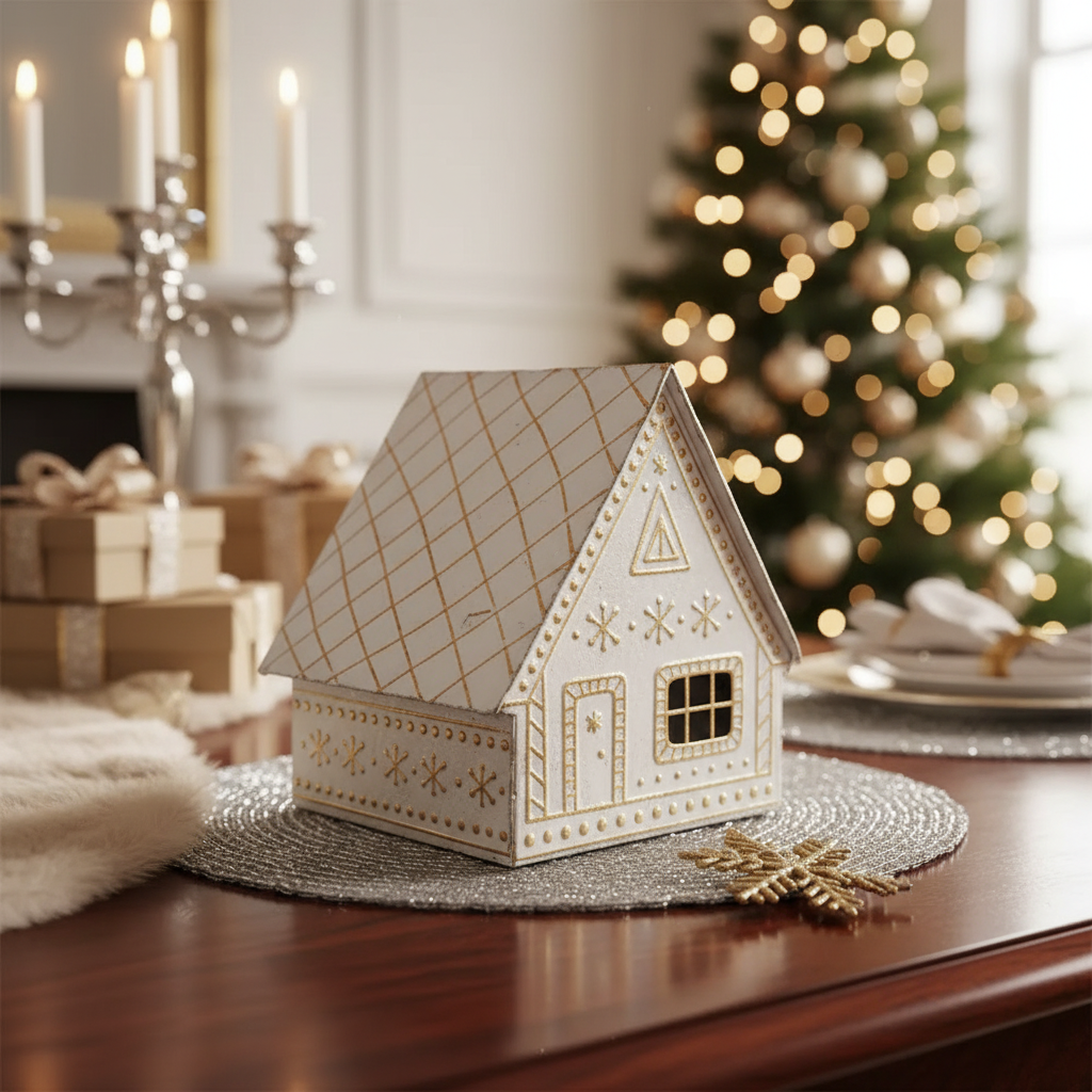 Gold & White Gingerbread Metal House – Christmas Holiday Decoration