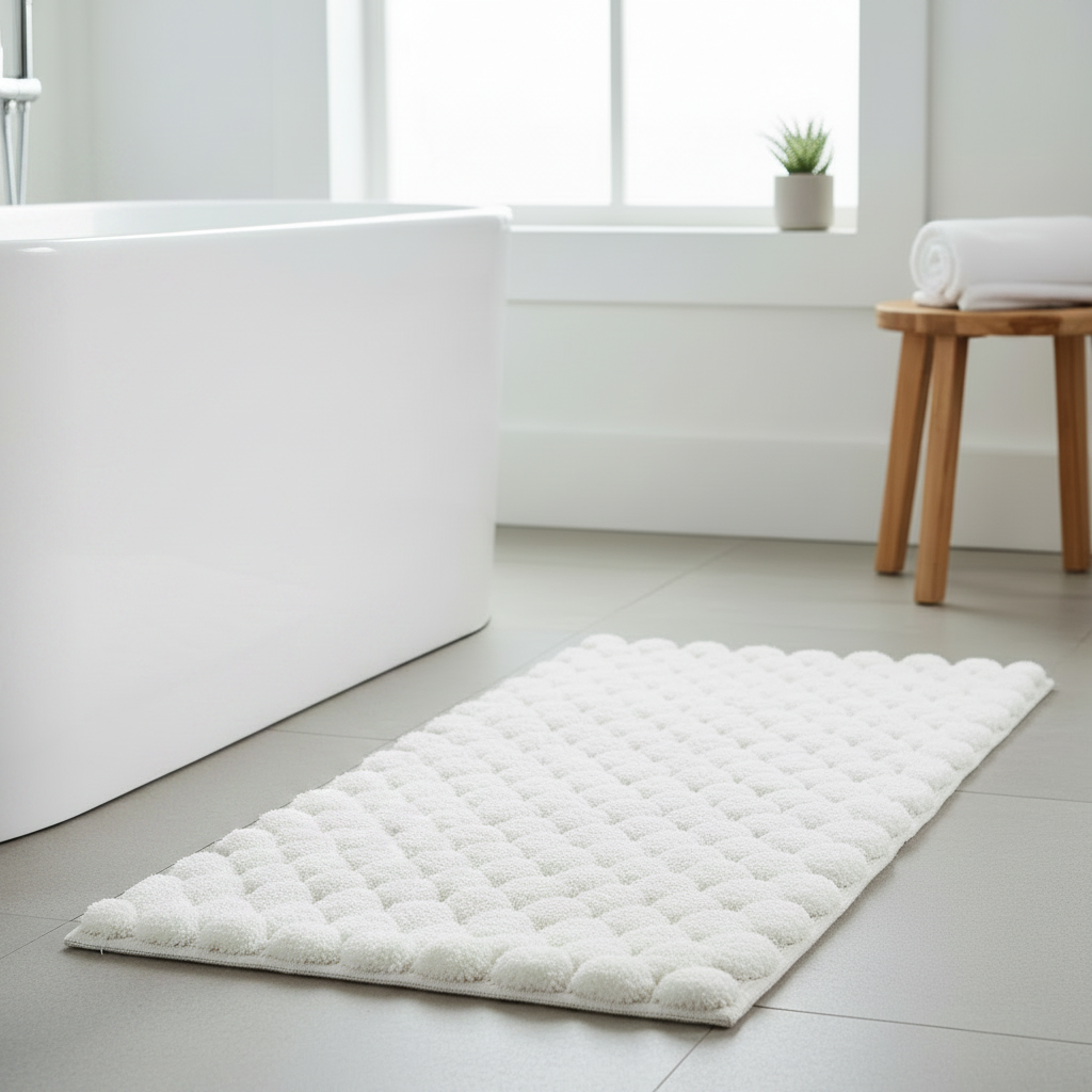 White Handwoven Pompom Bath Mat 20"x58" – Soft Bathroom Rug, Home Decor
