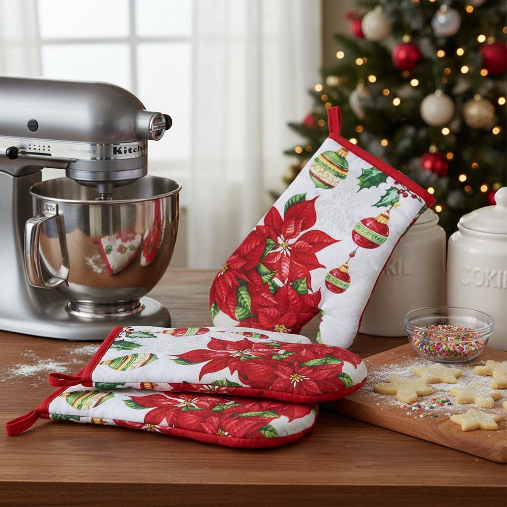 Ornaments Poinsettia Quilted Oven Mitt – Heat Resistant, Christmas Kitchen Gloves – Set of 4