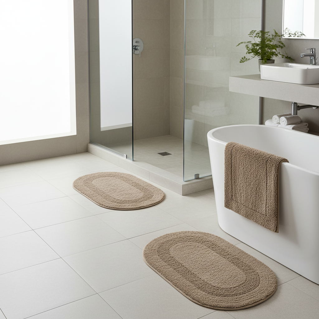 Reversible Cotton Oval Bath Mat – Solid Taupe 16x24, Set of 2
