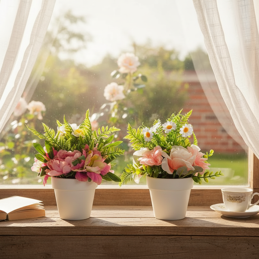 Artificial Bouquet In Plastic Pot Assorted Decorative Floral Arrangement