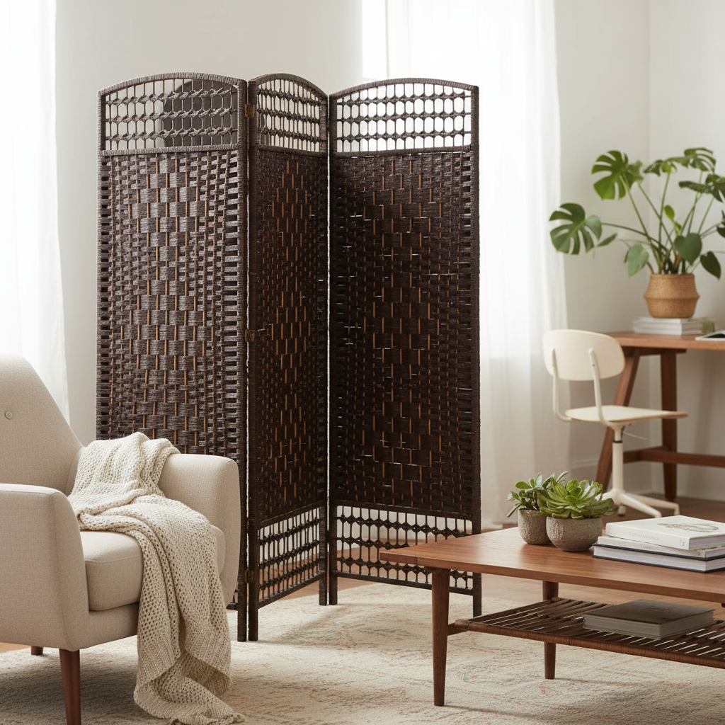 3 Panel Woven Bamboo Privacy Screen – Basketweave Design, Foldable Room Divider