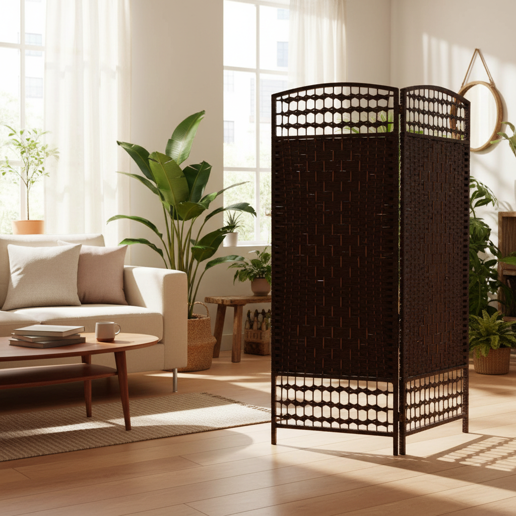 3 Panel Woven Bamboo Privacy Screen – Basketweave Design, Foldable Room Divider