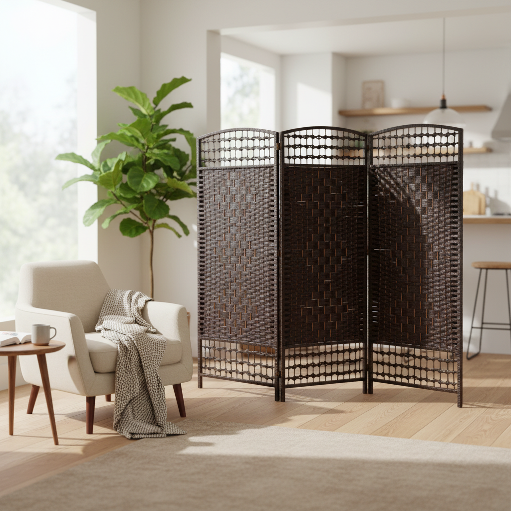 3 Panel Woven Bamboo Privacy Screen – Basketweave Design, Foldable Room Divider
