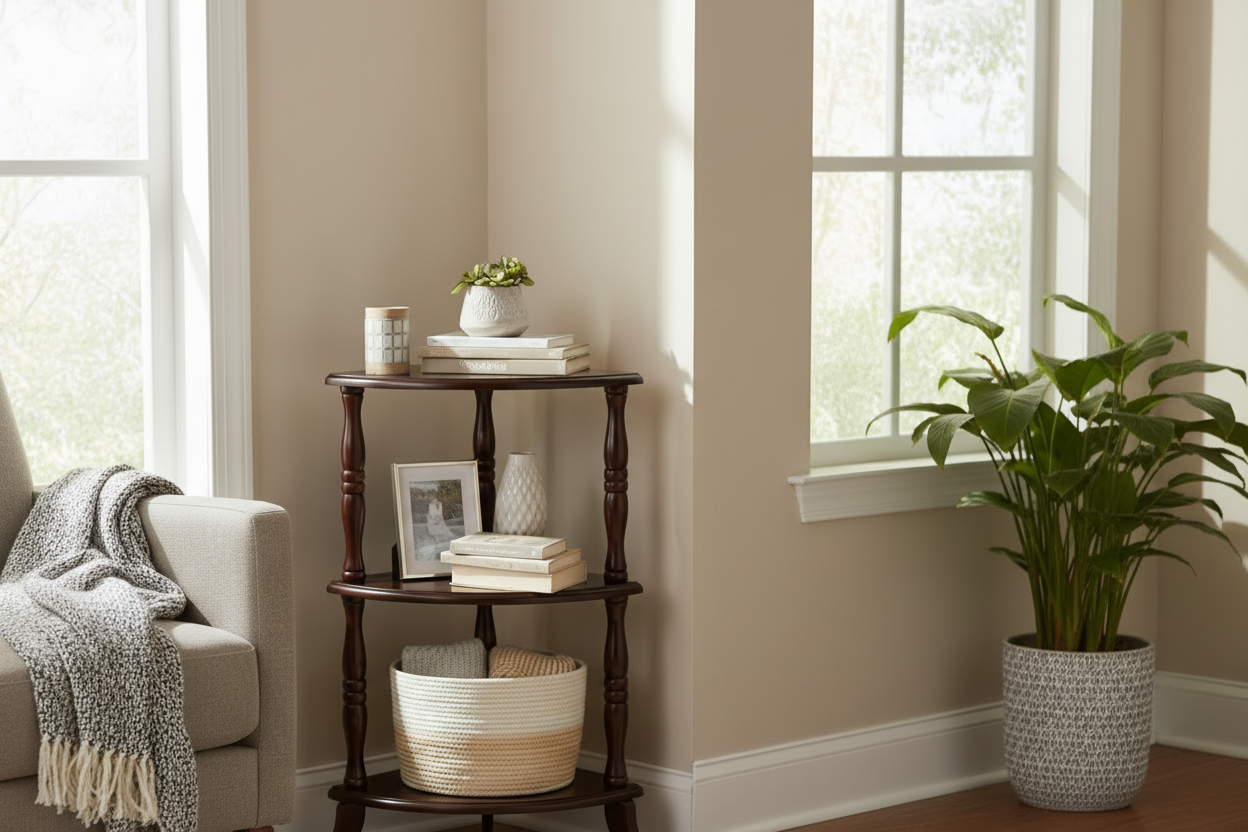 3-Tier Wooden Corner Shelf – Space-Saving Storage & Display