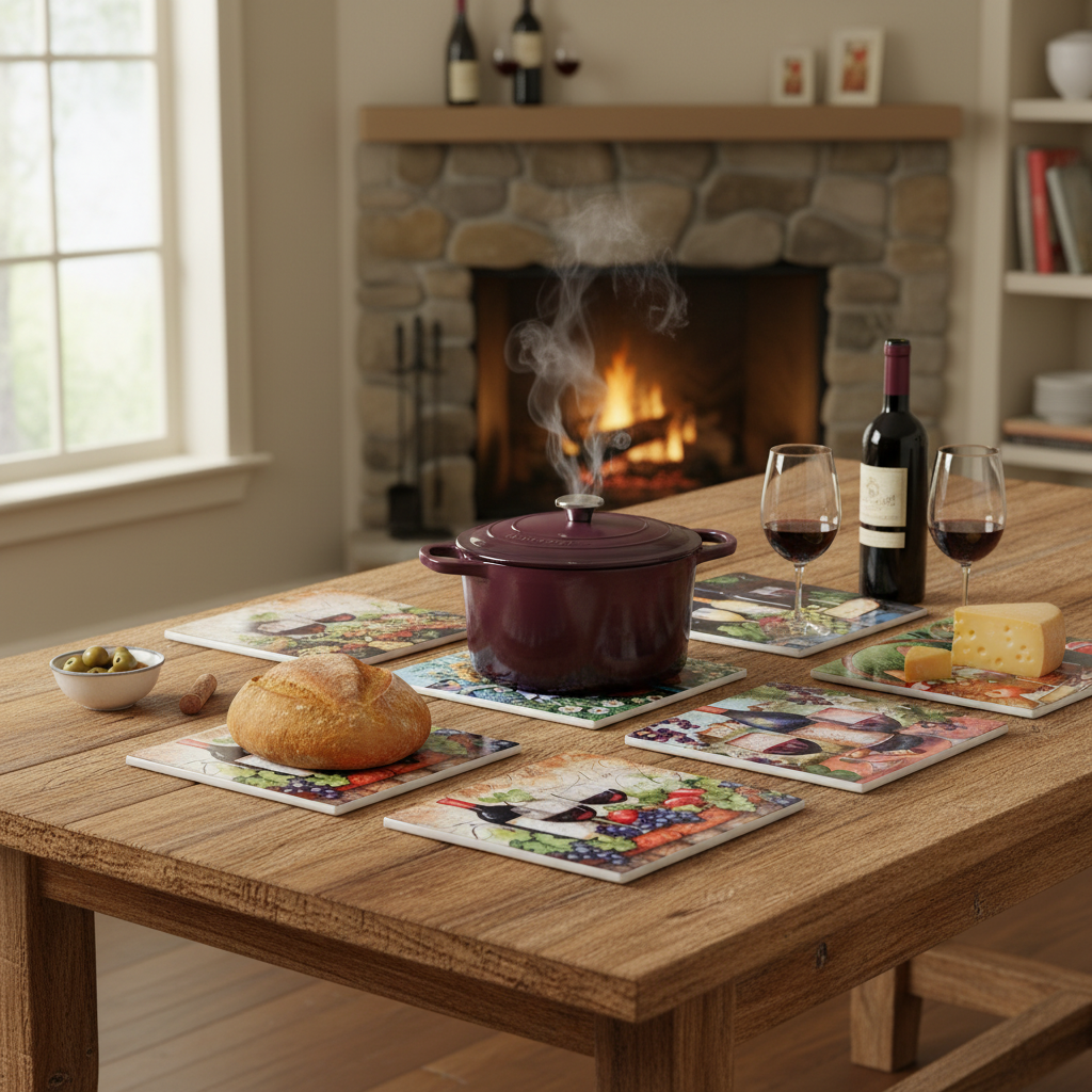 8 Inch Square Ceramic Trivet Winery Design Set of 6 Kitchen Hot Plate
