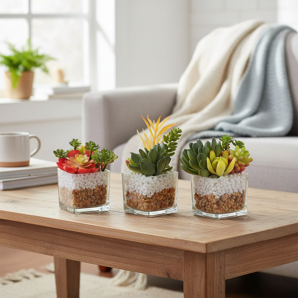 Artificial Succulents In Square Glass Planter Assorted Decorative Indoor Plant