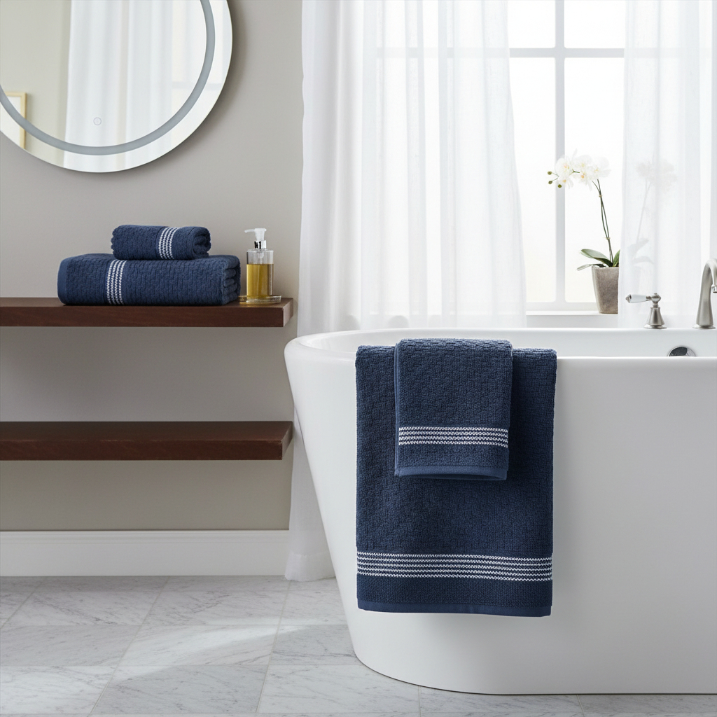 Luxury Stitch Bath Towel Blue 27x50 Inch Set of 2