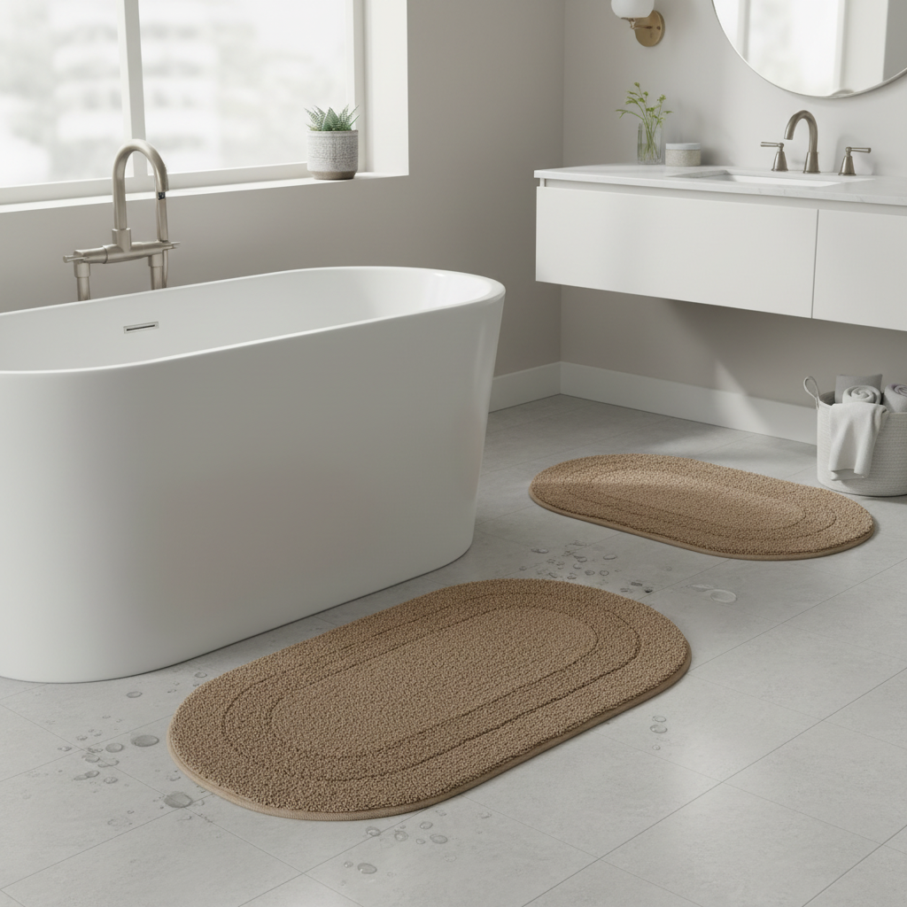 Reversible Cotton Oval Bath Mat – Solid Taupe 16x24, Set of 2