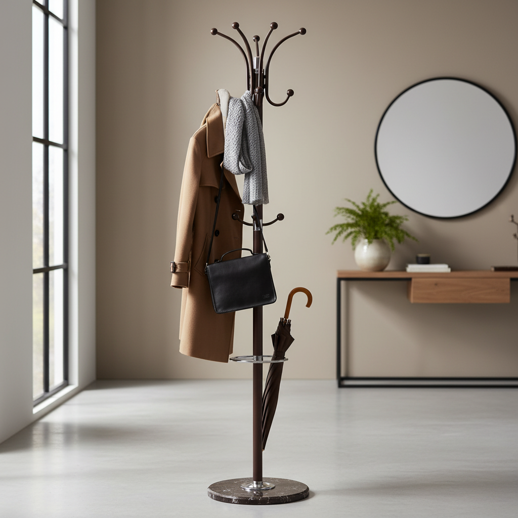 Head Brown Coat Rack with Marble Base, Free-Standing Hall Tree